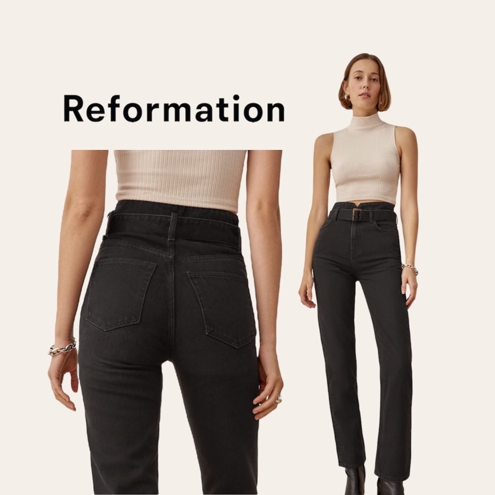 Reformation Cynthia Belted High Rise Straight Jeans Size 29 Faded Black